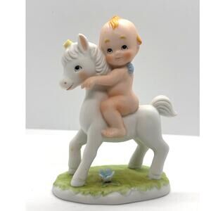VTG 1985 Lefton Porcelain Kewpie Doll Riding Unicorn/Horse Figurine - READ